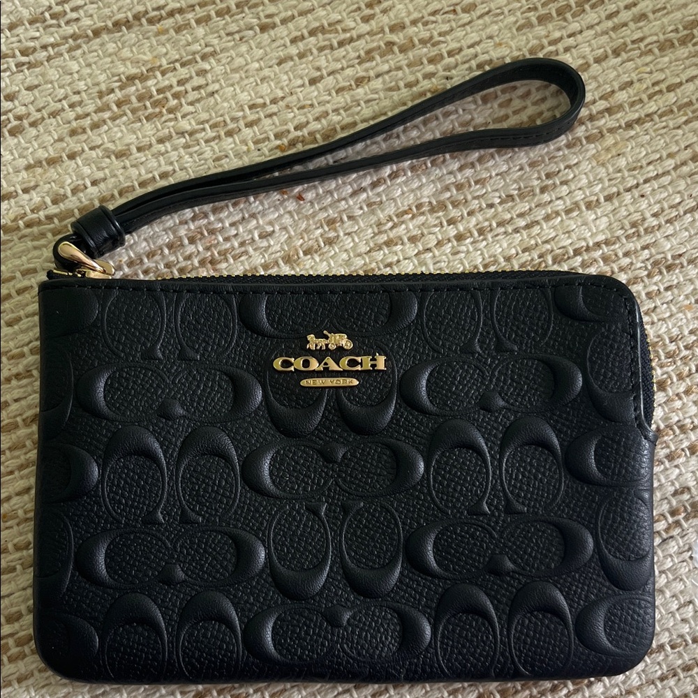 NWT Coach Black Embossed Logo Wristlet with Gold Hardware